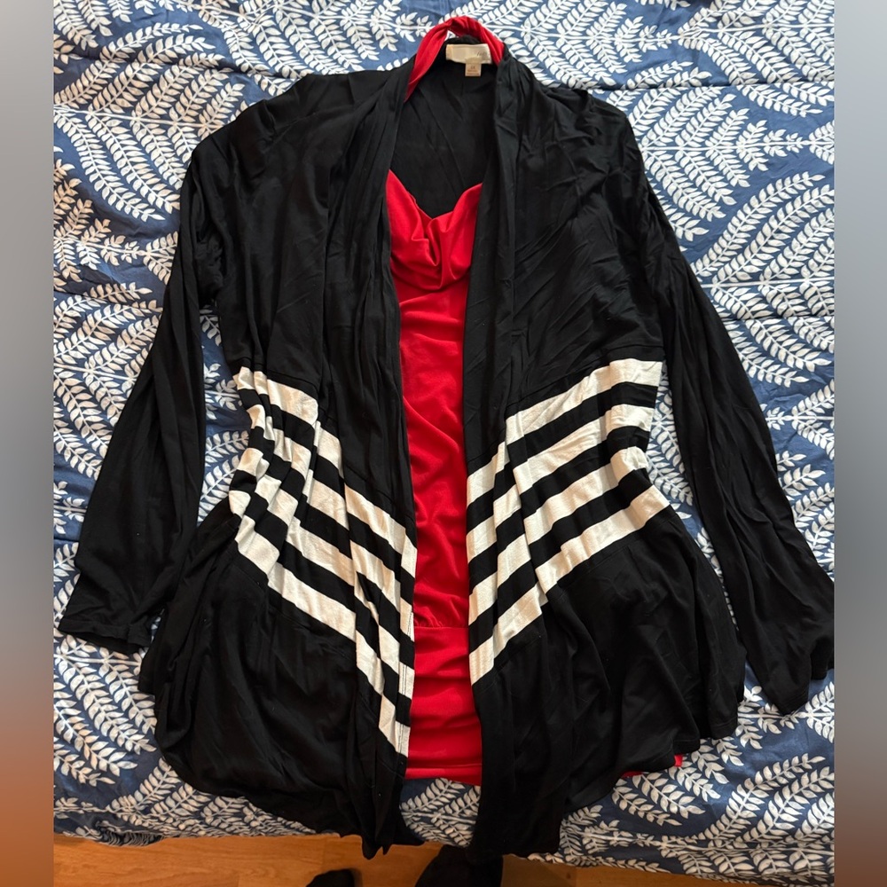 Black and White Striped Women's waterfall cardigan (red shirt sold separately)